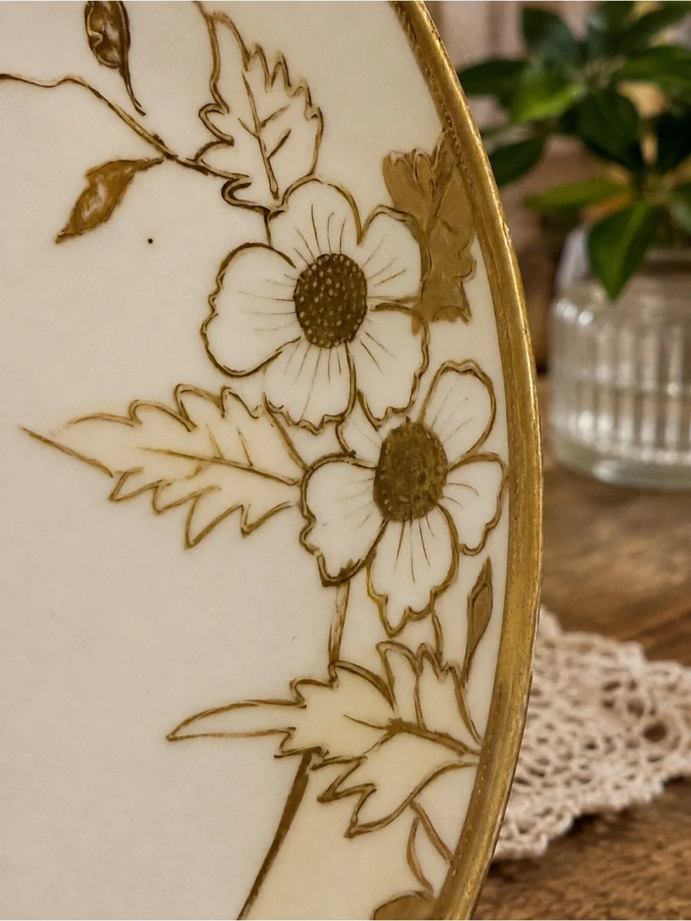 Vintage Thailand Porcelain Footed Bowl Gold Floral Hand Painted 8”